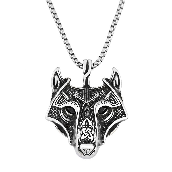 Viking Style Blue Eyed Wolf Head Necklace