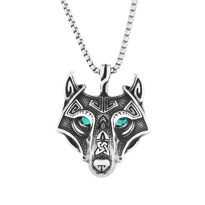 Viking Style Blue Eyed Wolf Head Necklace