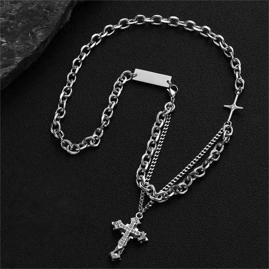 Men's Cross Necklace, Stainless Steel Hip Hop Stackable Double Layer Pendant