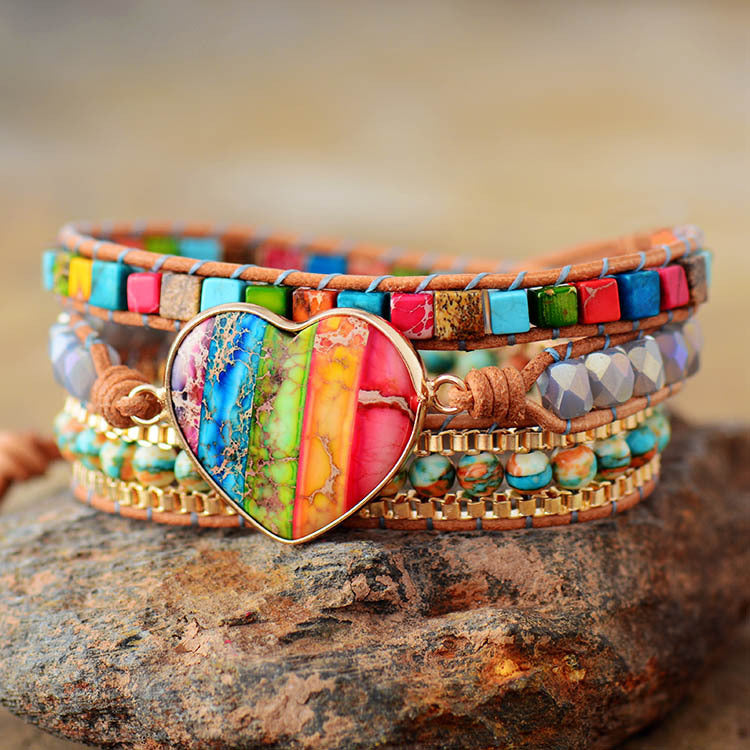 Three layer Bohemian chic heart-shaped natural stone bead chain bracelet