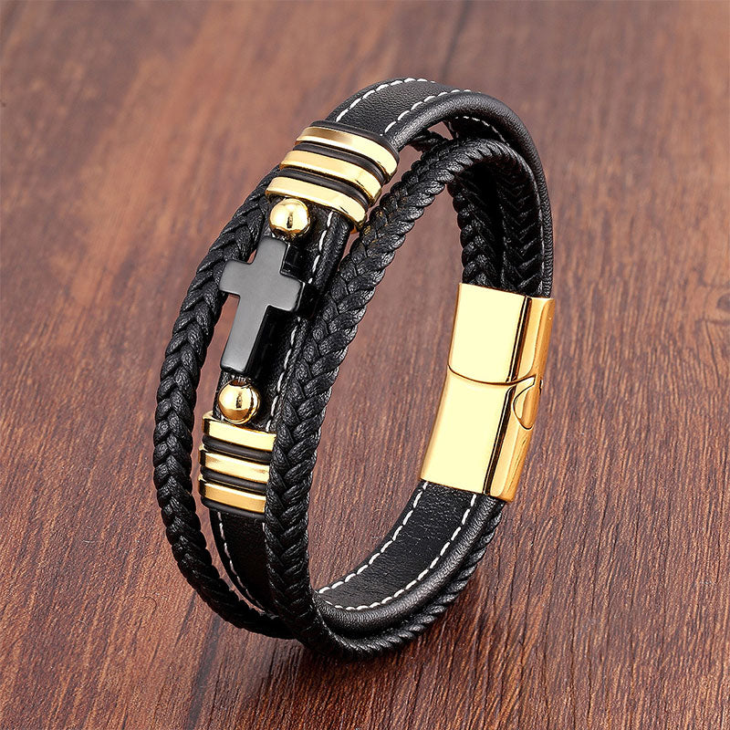 Multi-layered Men's Leather Vintage Stone Cross Bracelet