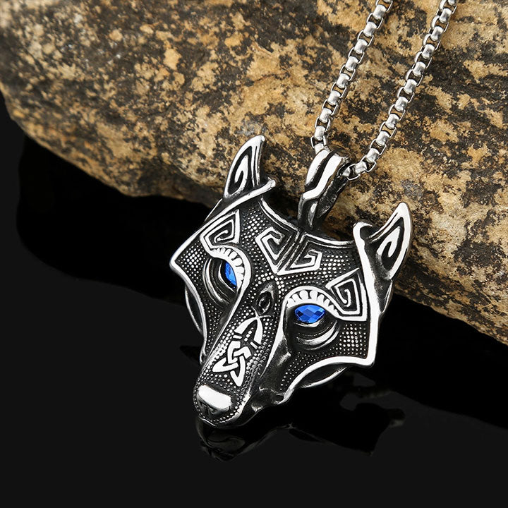 Viking Style Blue Eyed Wolf Head Necklace