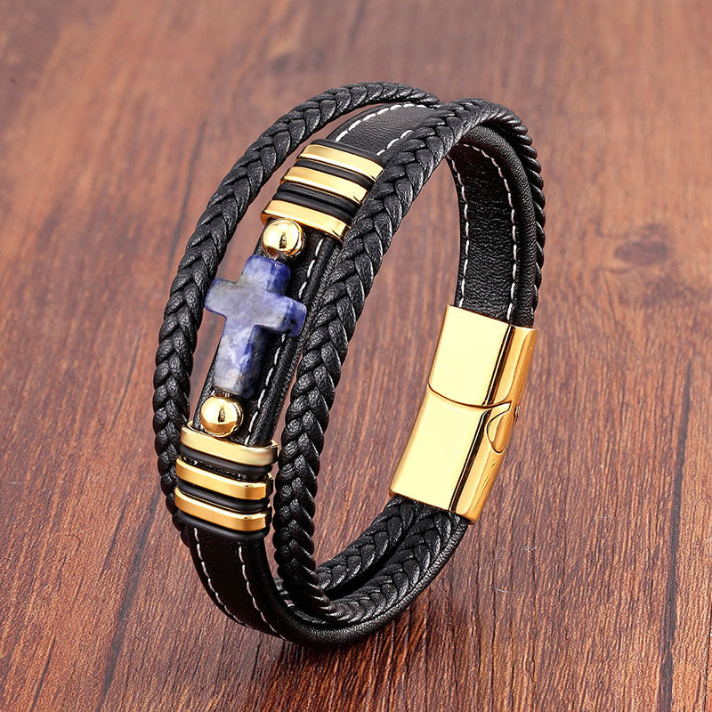 Multi-layered Men's Leather Vintage Stone Cross Bracelet