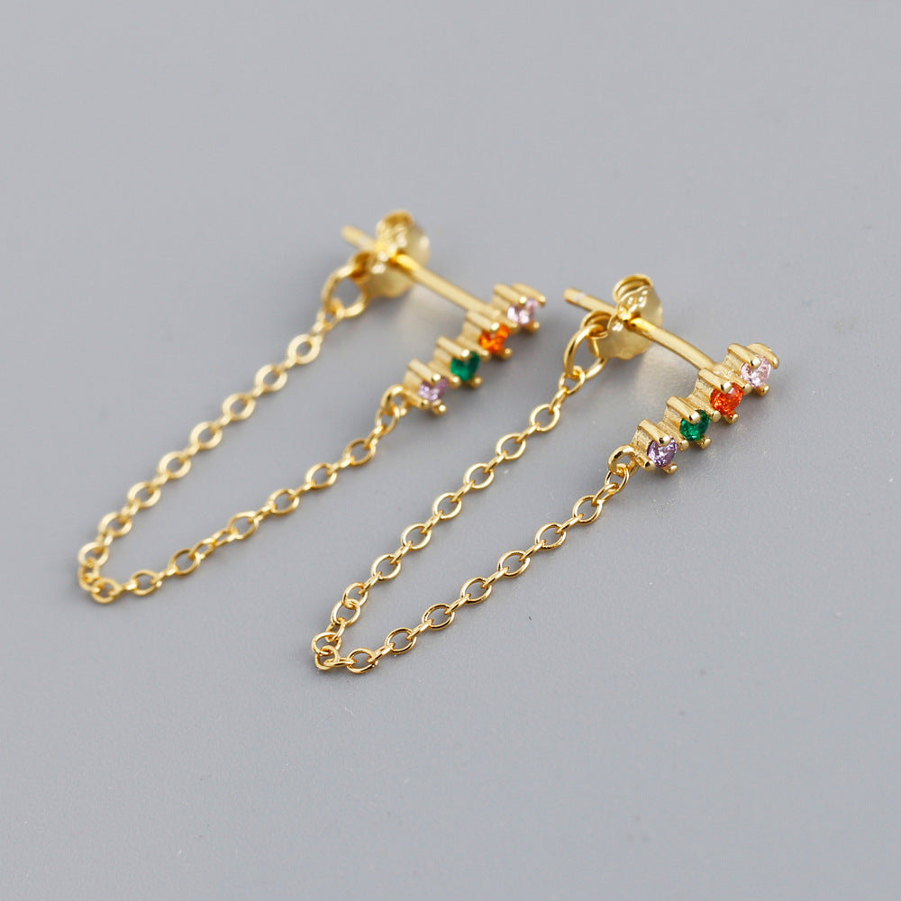 S925 Silver Multi-color Tassel Chain Style Earrings