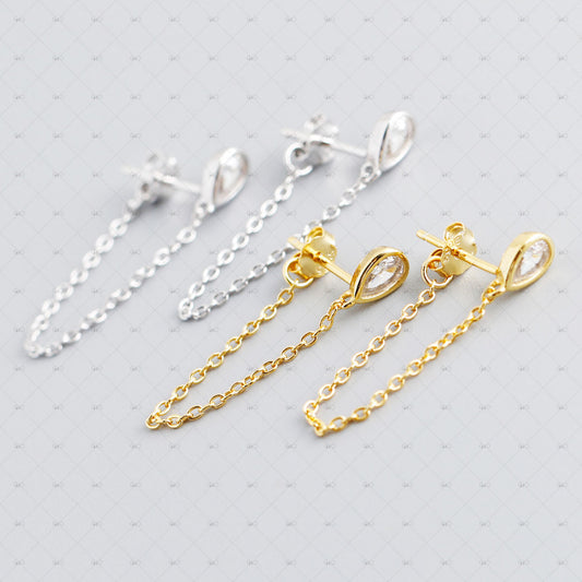 S925 Silver Drop Shape Zircon Chain Earrings