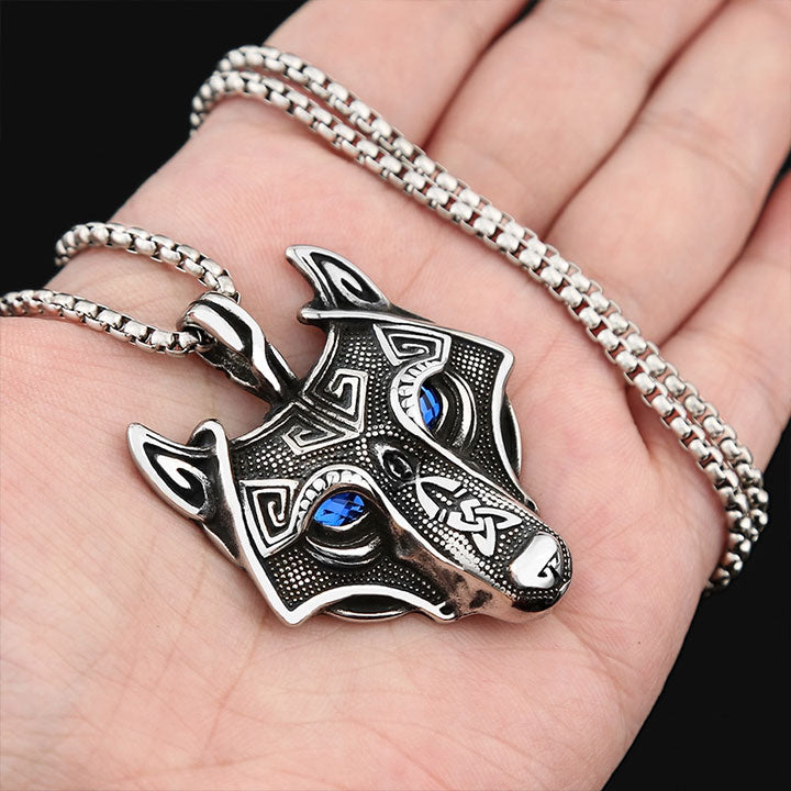 Viking Style Blue Eyed Wolf Head Necklace