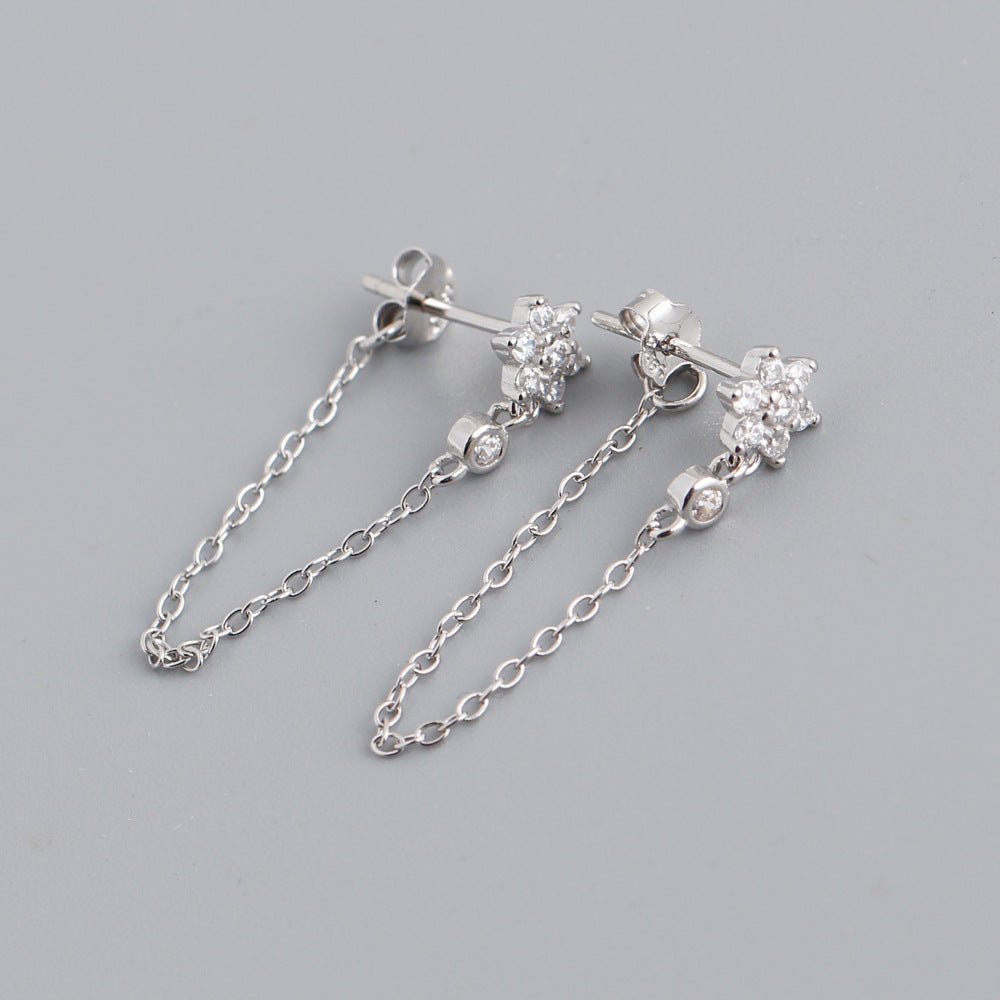 S925 Silver Plum Blossom Tassel Chain Zircon Earrings