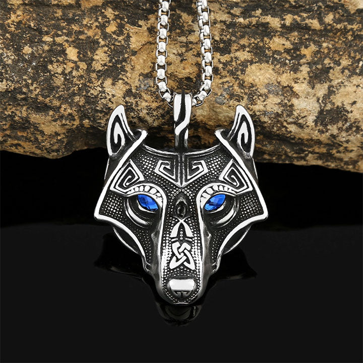 Viking Style Blue Eyed Wolf Head Necklace