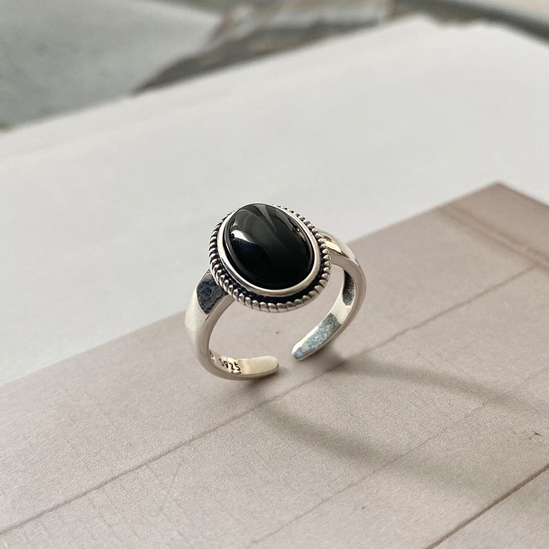 S925 Vintage Pure Black Agate Ring