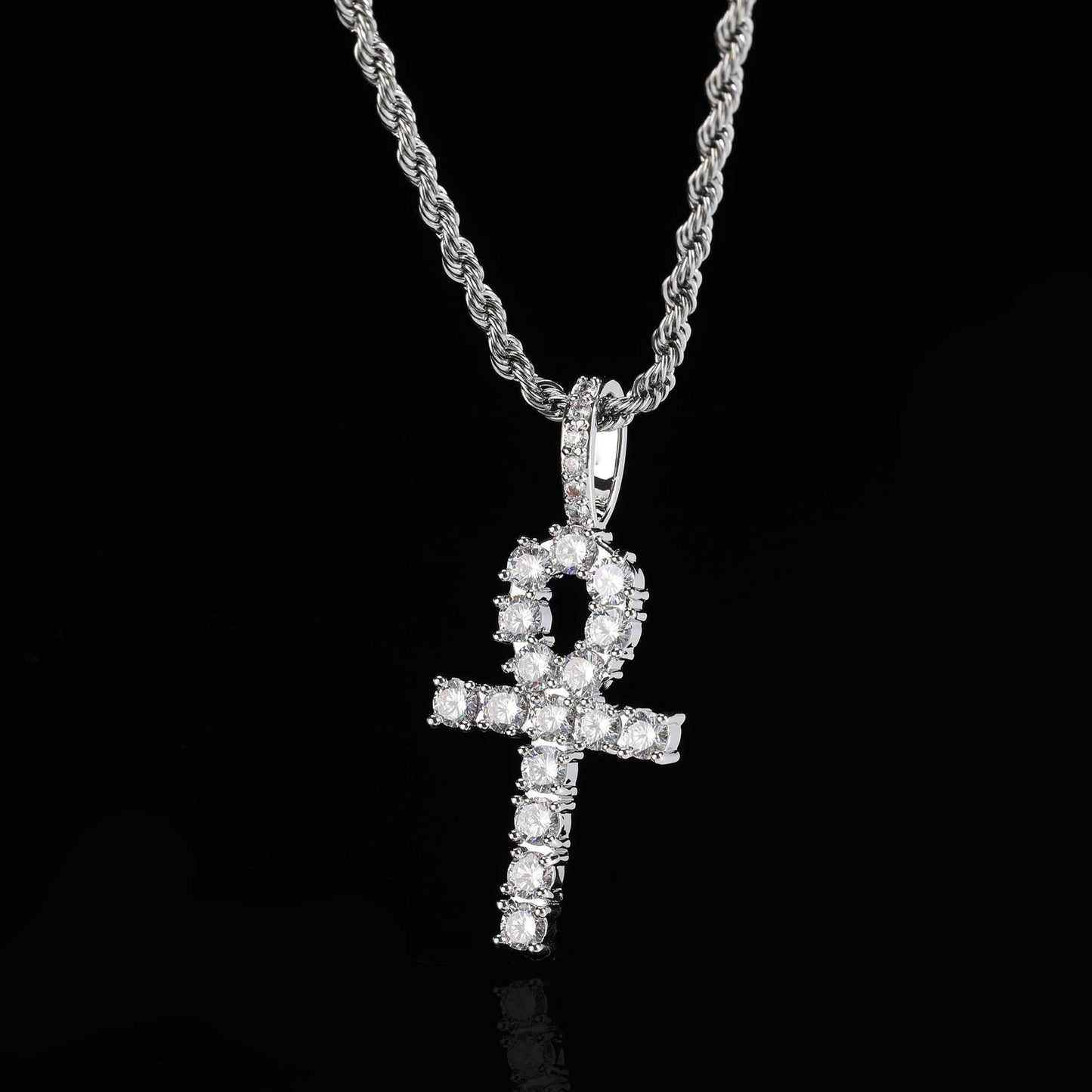 Gold Cross Necklace, 18K Gold Plated Copper Inlaid with Zirconia Ankh Key Men's Hip Hop Pendant