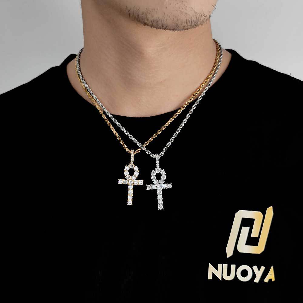 Gold Cross Necklace, 18K Gold Plated Copper Inlaid with Zirconia Ankh Key Men's Hip Hop Pendant