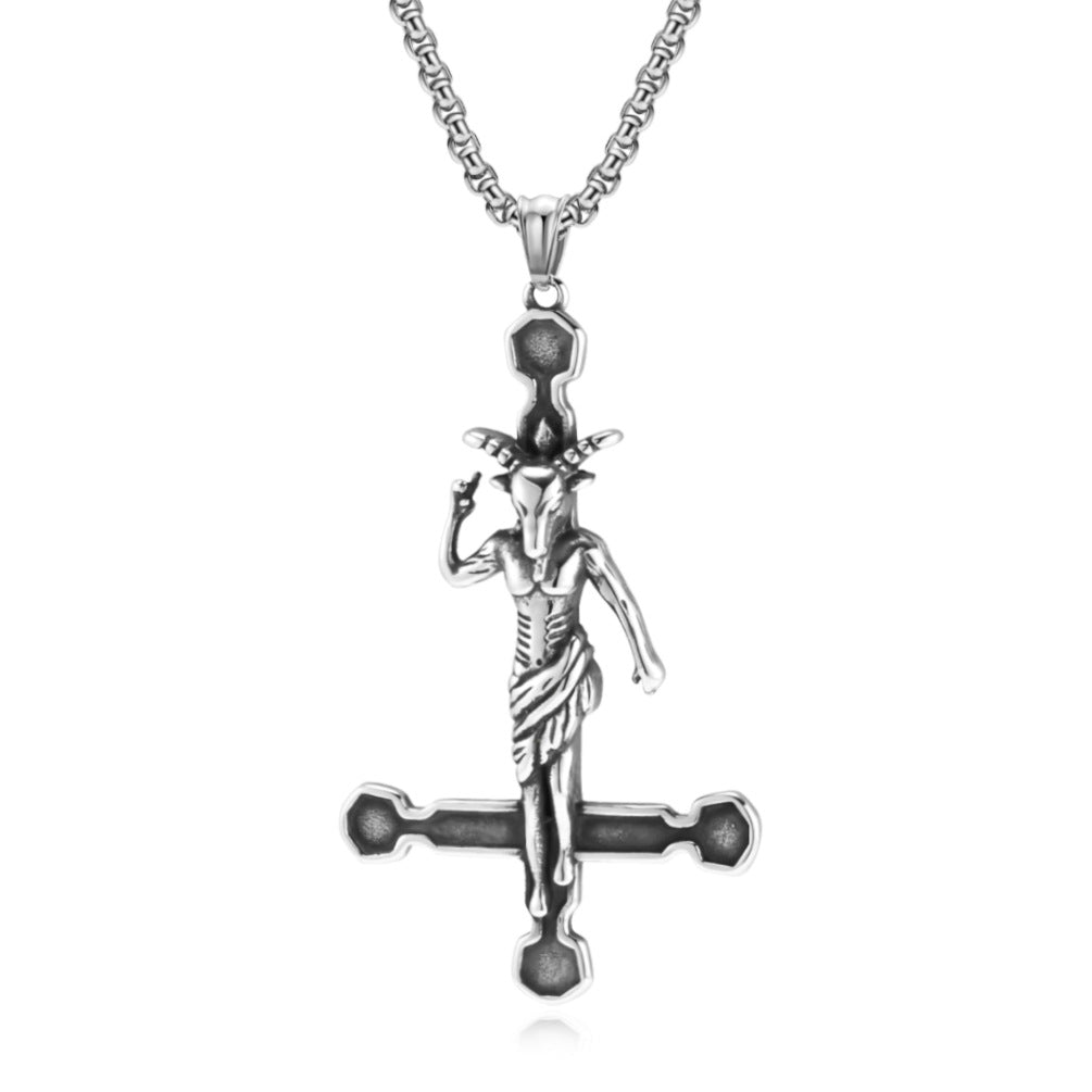 Men's Stainless Steel Necklace Baphomet Goat Satan Cross Demon Lucifer Double-sided Pendant