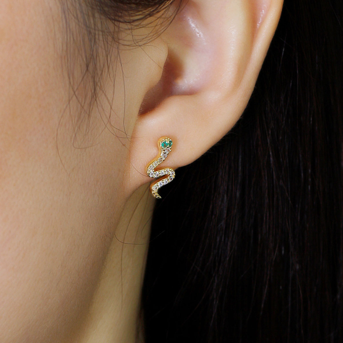 S925 Silver Animal Snake Shape Green Eyes Zircon Earrings