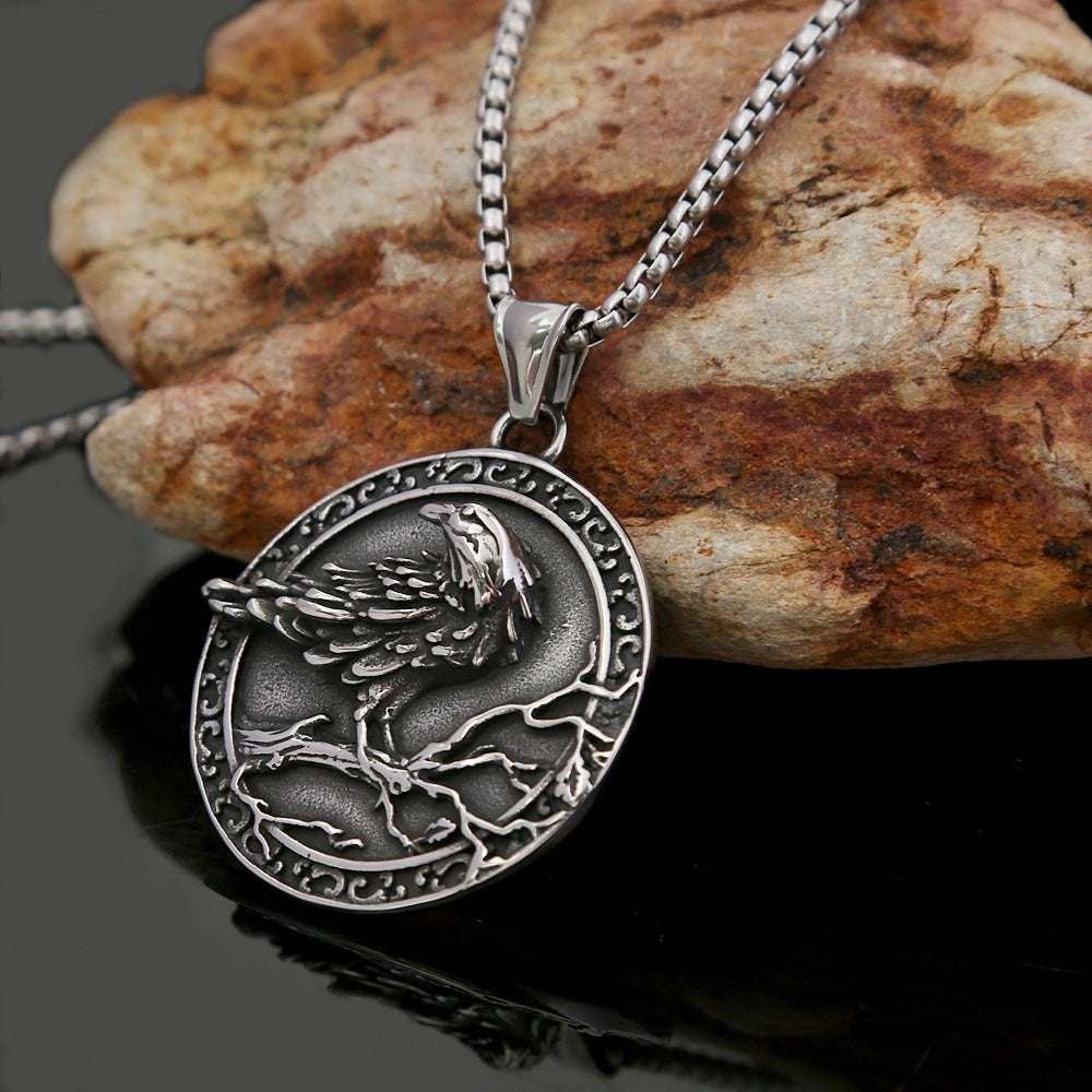 Viking Style Raven Pendant Embossed Necklace