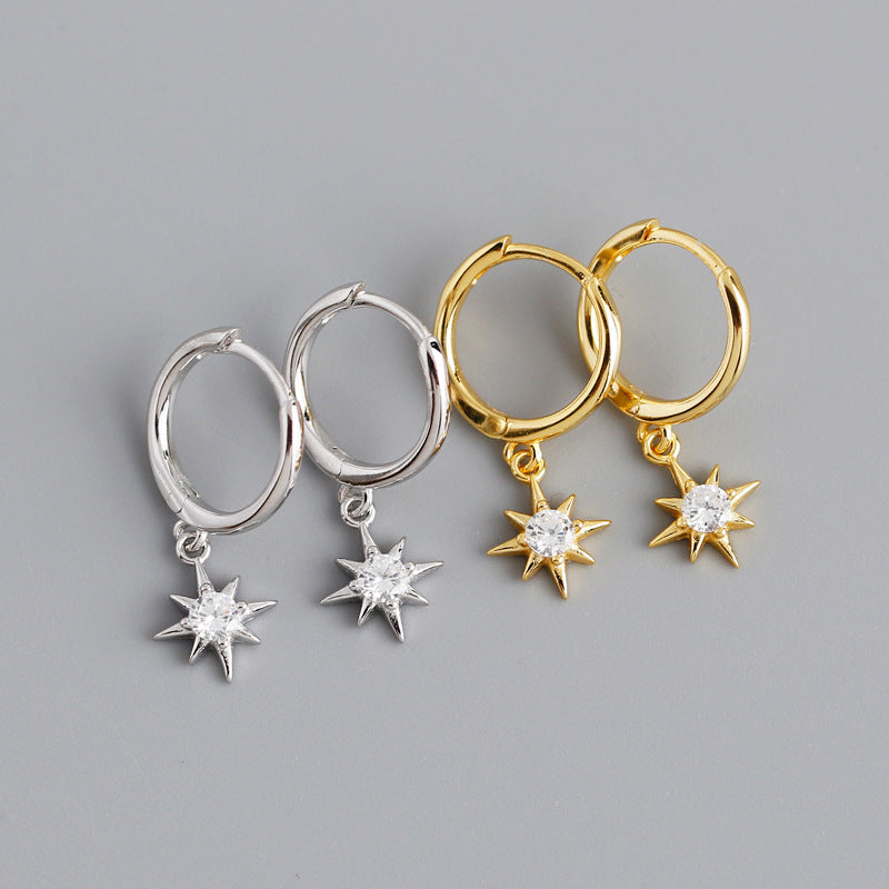 S925 Silver Eight-pointed Star Shaped Small Sun Zircon Earrings