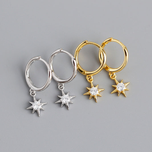 S925 Silver Eight-pointed Star Shaped Small Sun Zircon Earrings