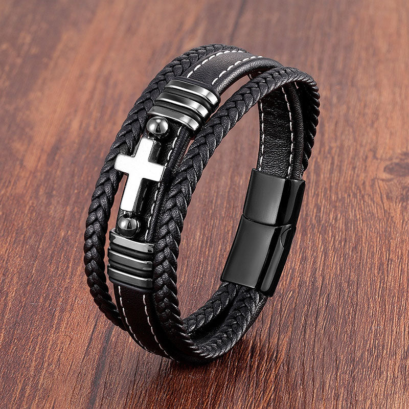 Multi-layered Men's Leather Vintage Stone Cross Bracelet