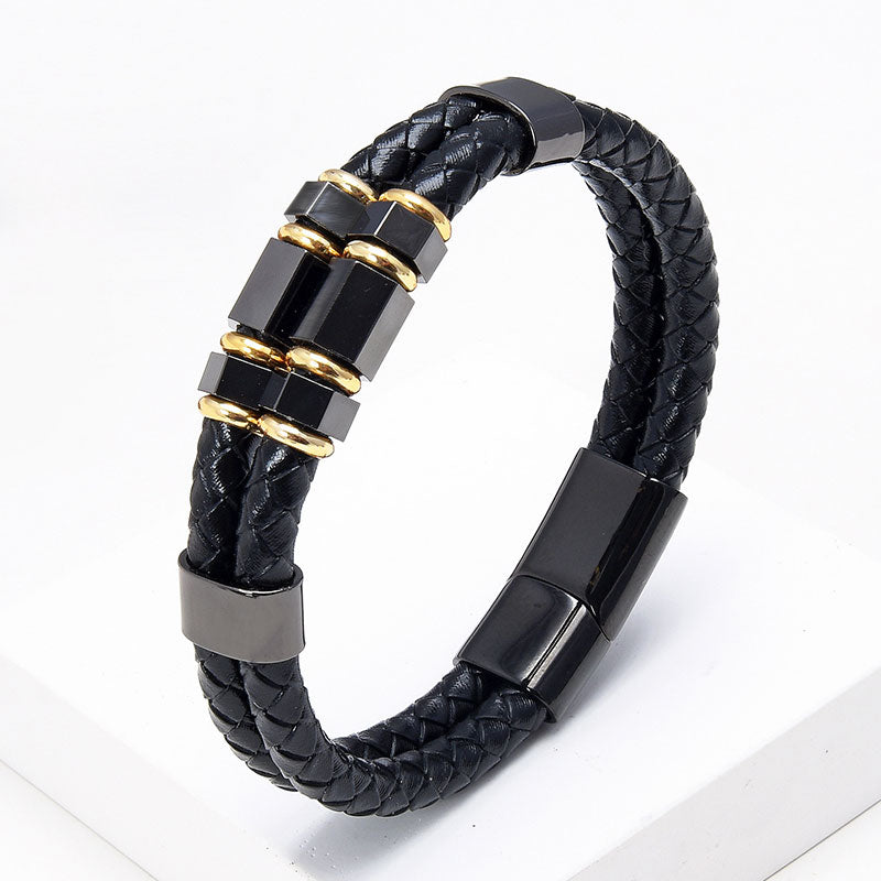 Men's Braided Leather and Stainless Steel Bracelet