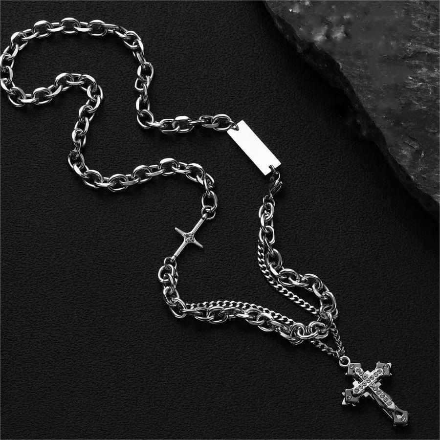 Men's Cross Necklace, Stainless Steel Hip Hop Stackable Double Layer Pendant