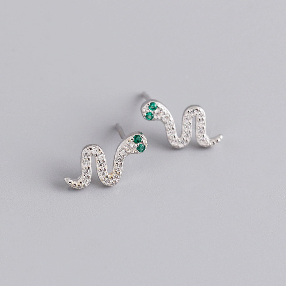 S925 Silver Animal Snake Shape Green Eyes Zircon Earrings