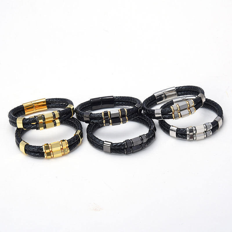 Men's Braided Leather and Stainless Steel Bracelet