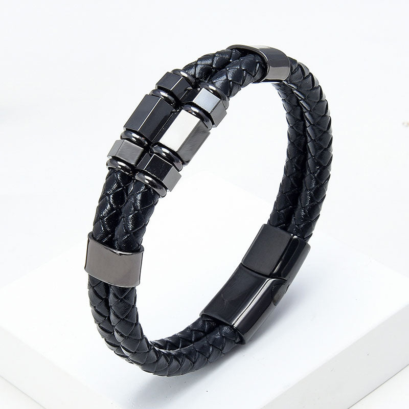 Men's Braided Leather and Stainless Steel Bracelet