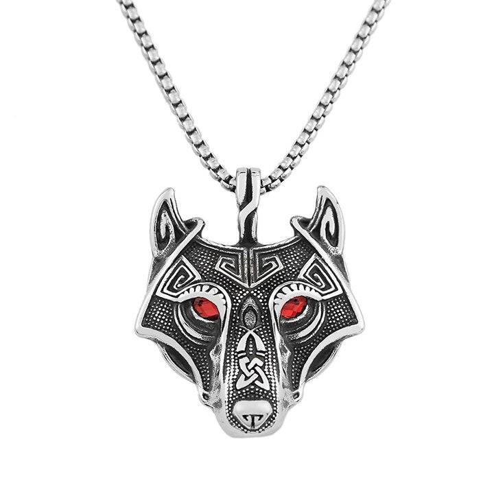 Viking Style Blue Eyed Wolf Head Necklace