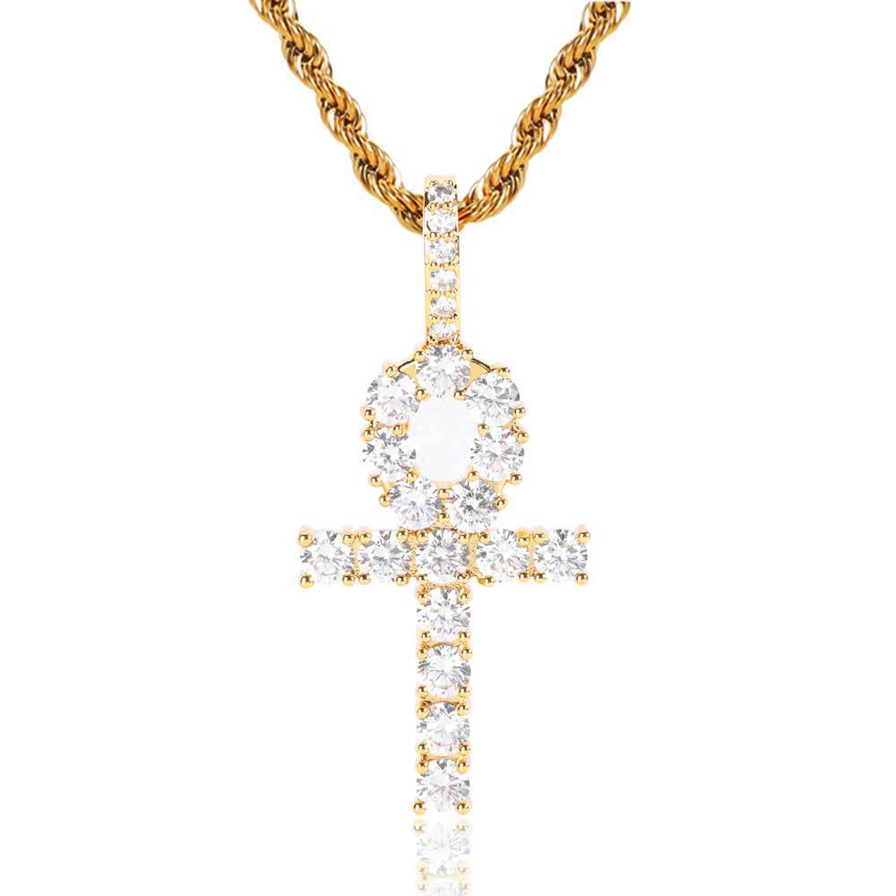 Gold Cross Necklace, 18K Gold Plated Copper Inlaid with Zirconia Ankh Key Men's Hip Hop Pendant