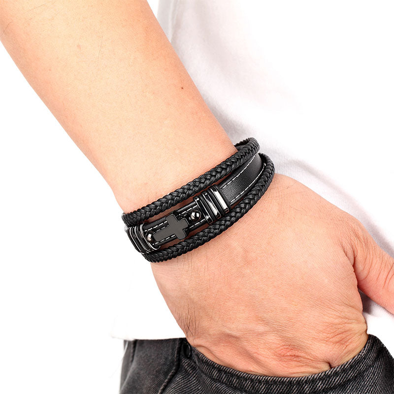 Multi-layered Men's Leather Vintage Stone Cross Bracelet