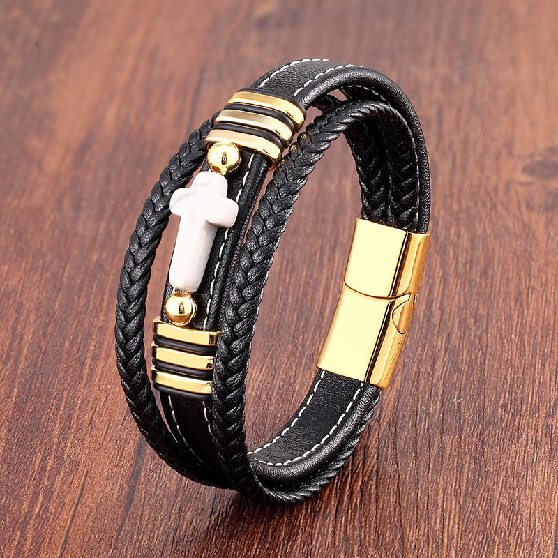 Multi-layered Men's Leather Vintage Stone Cross Bracelet