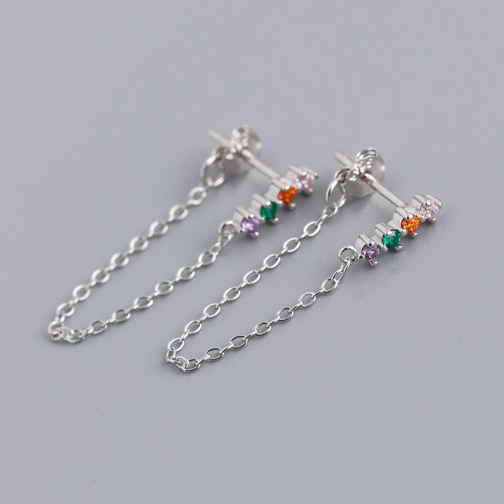 S925 Silver Multi-color Tassel Chain Style Earrings