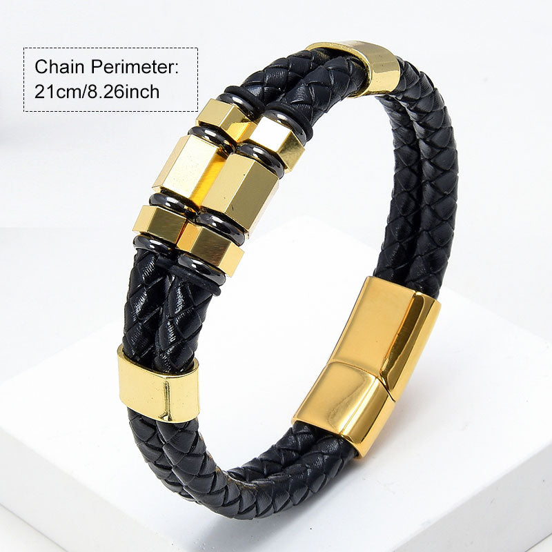 Men's Braided Leather and Stainless Steel Bracelet