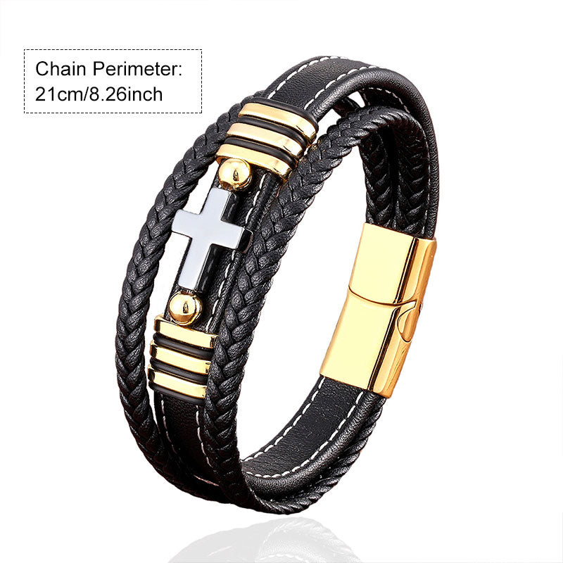 Multi-layered Men's Leather Vintage Stone Cross Bracelet