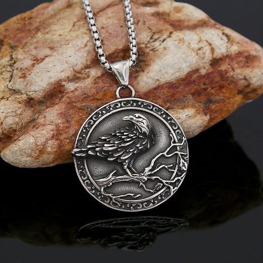 Viking Style Raven Pendant Embossed Necklace