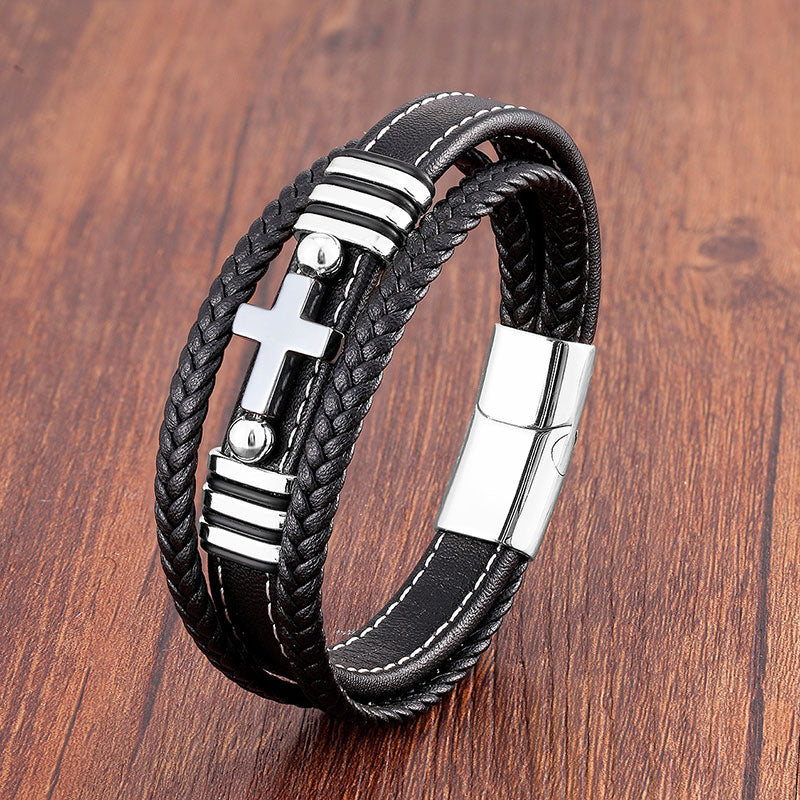 Multi-layered Men's Leather Vintage Stone Cross Bracelet