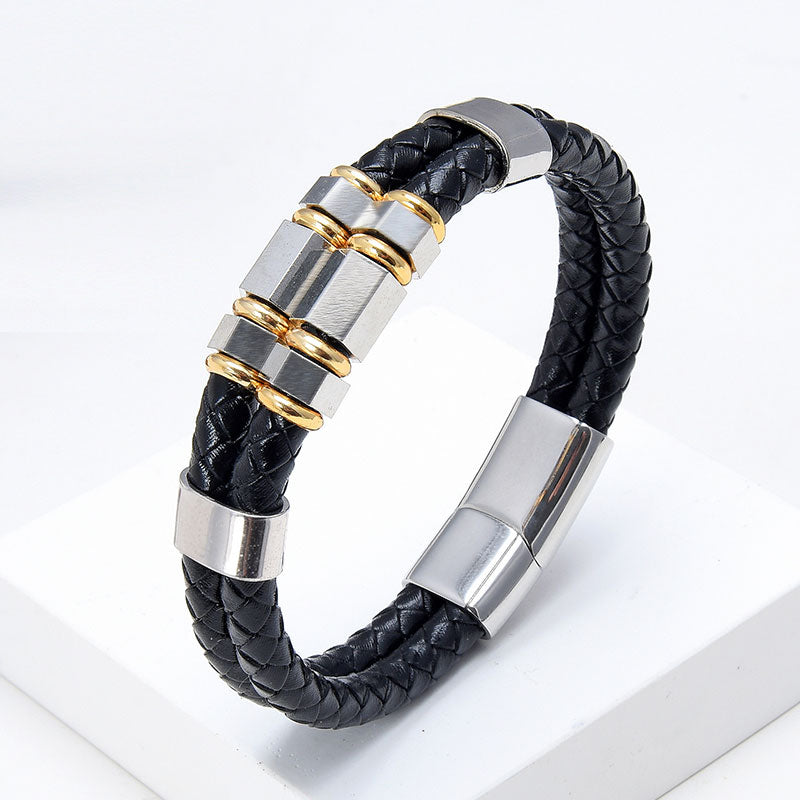 Men's Braided Leather and Stainless Steel Bracelet