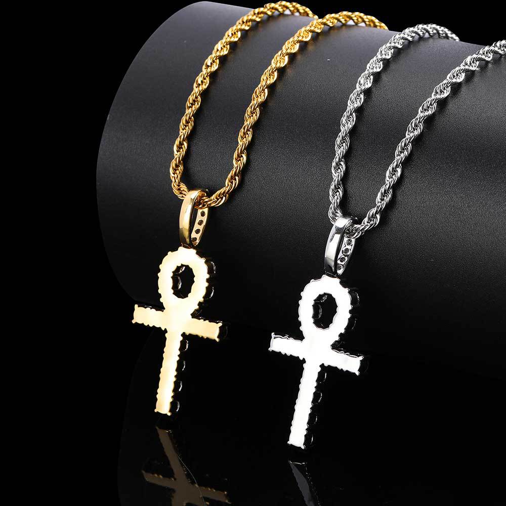 Gold Cross Necklace, 18K Gold Plated Copper Inlaid with Zirconia Ankh Key Men's Hip Hop Pendant