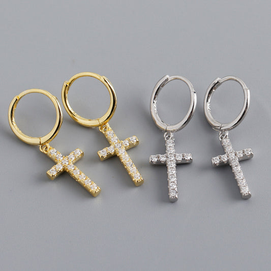 S925 Silver Cross Shape Zircon Round Earrings