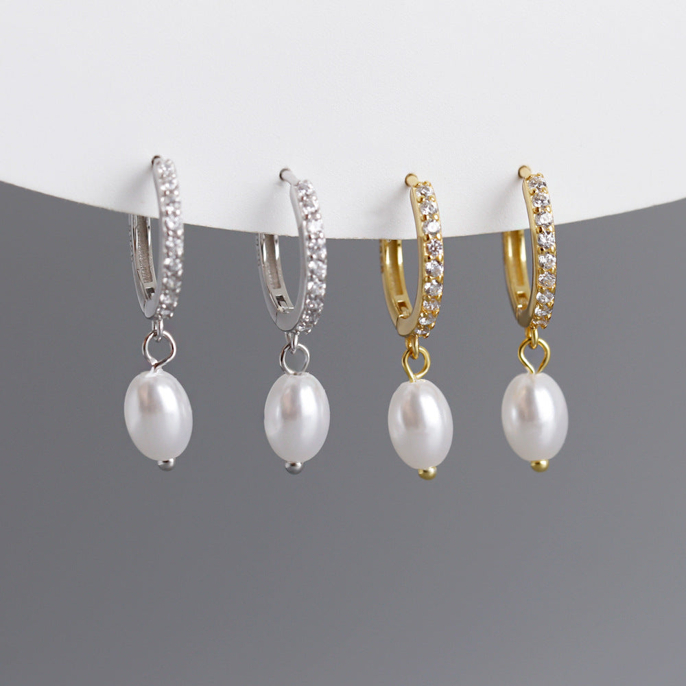 S925 Silver Pearl Pendant Zircon Earrings