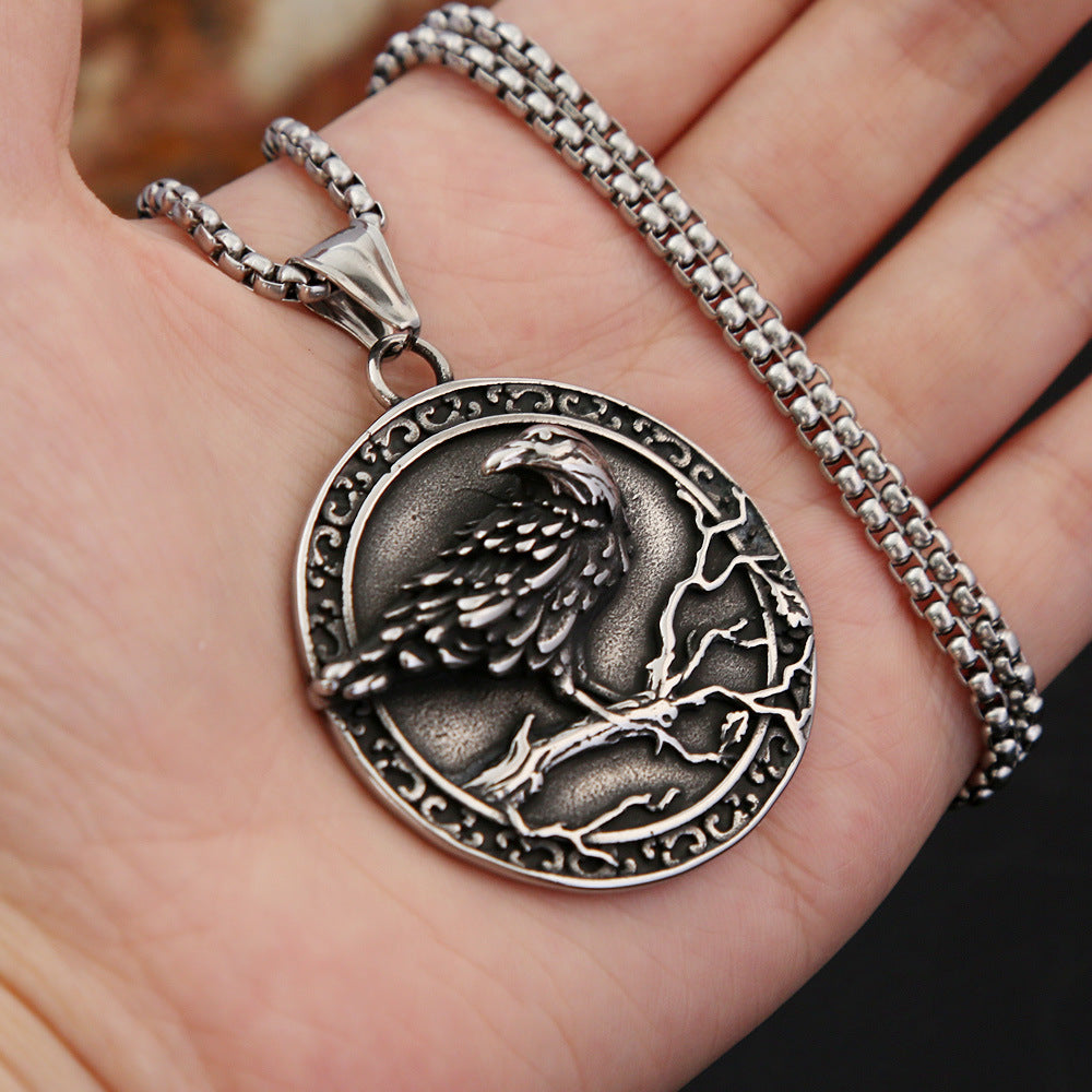 Viking Style Raven Pendant Embossed Necklace