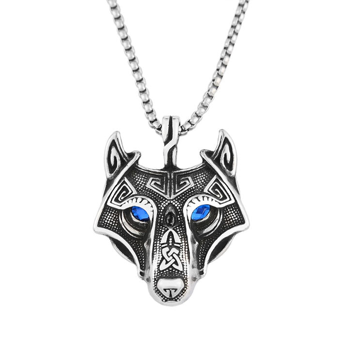 Viking Style Blue Eyed Wolf Head Necklace