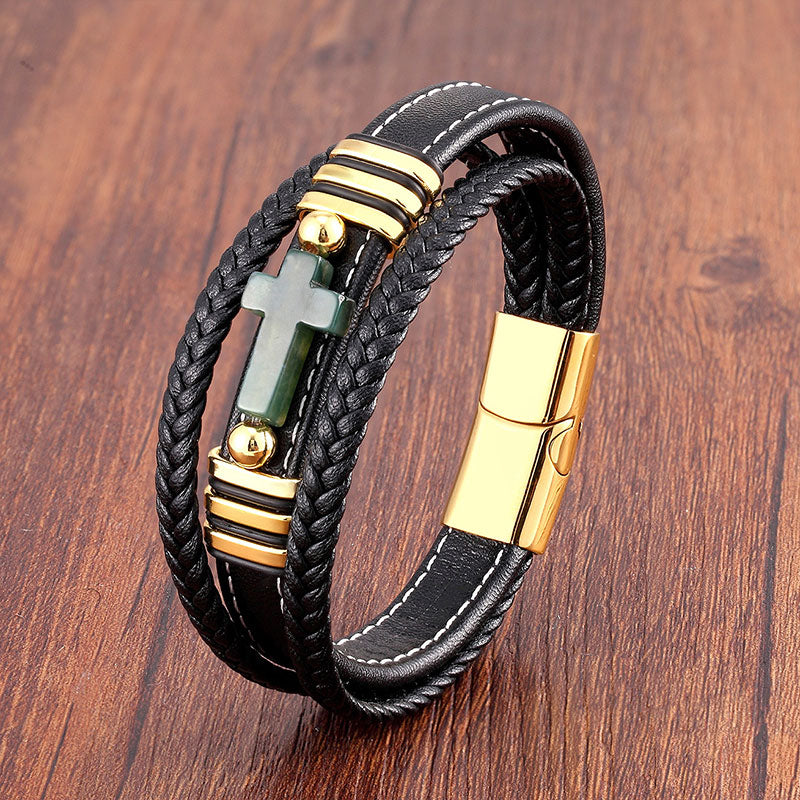 Multi-layered Men's Leather Vintage Stone Cross Bracelet