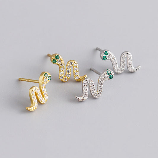 S925 Silver Animal Snake Shape Green Eyes Zircon Earrings