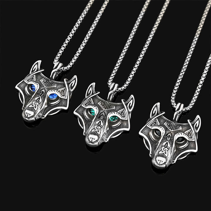 Viking Style Blue Eyed Wolf Head Necklace