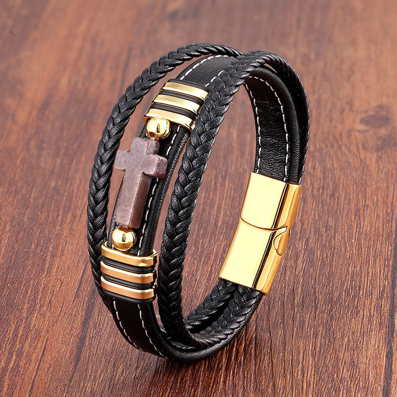 Multi-layered Men's Leather Vintage Stone Cross Bracelet