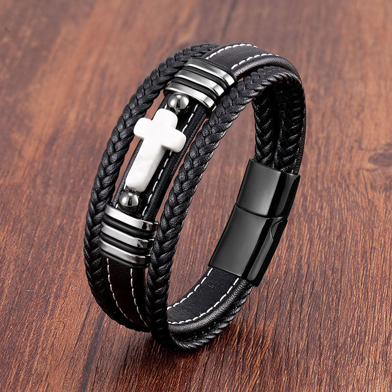 Multi-layered Men's Leather Vintage Stone Cross Bracelet