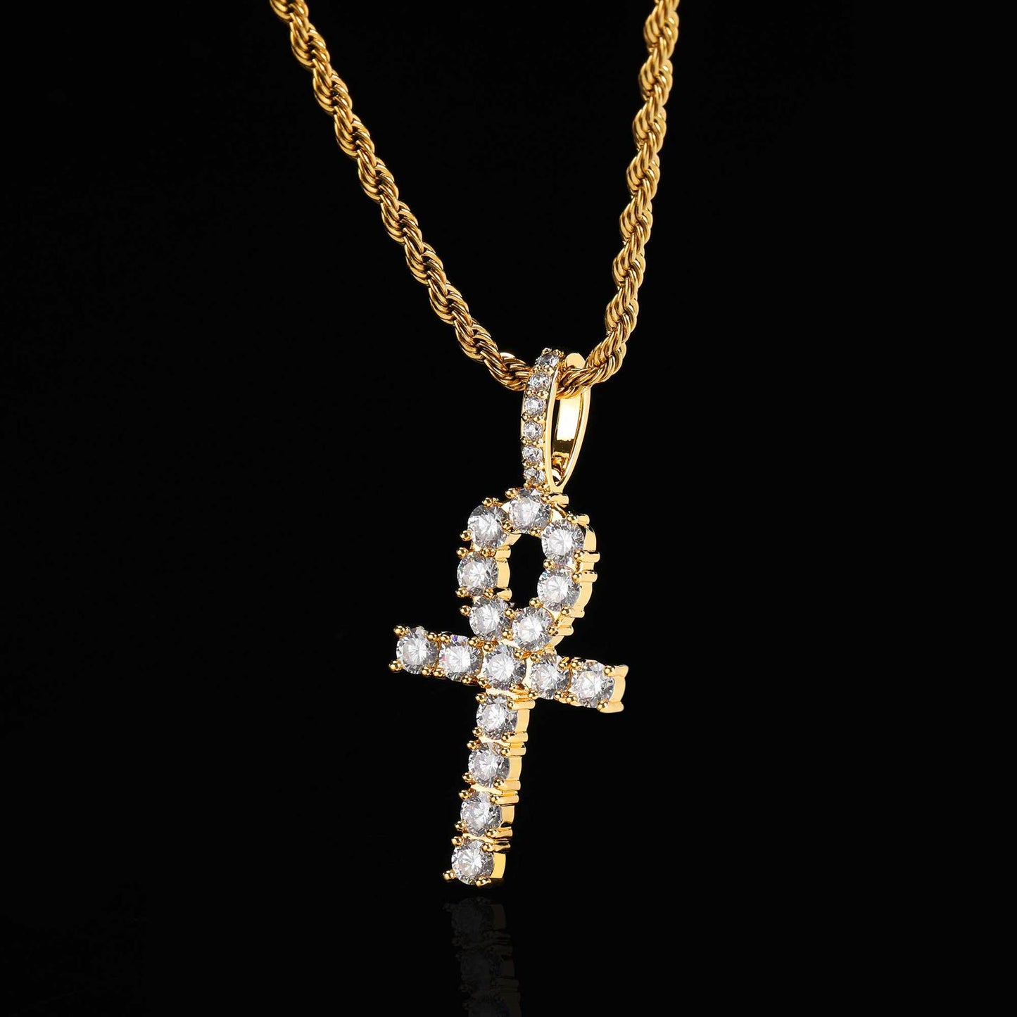 Gold Cross Necklace, 18K Gold Plated Copper Inlaid with Zirconia Ankh Key Men's Hip Hop Pendant