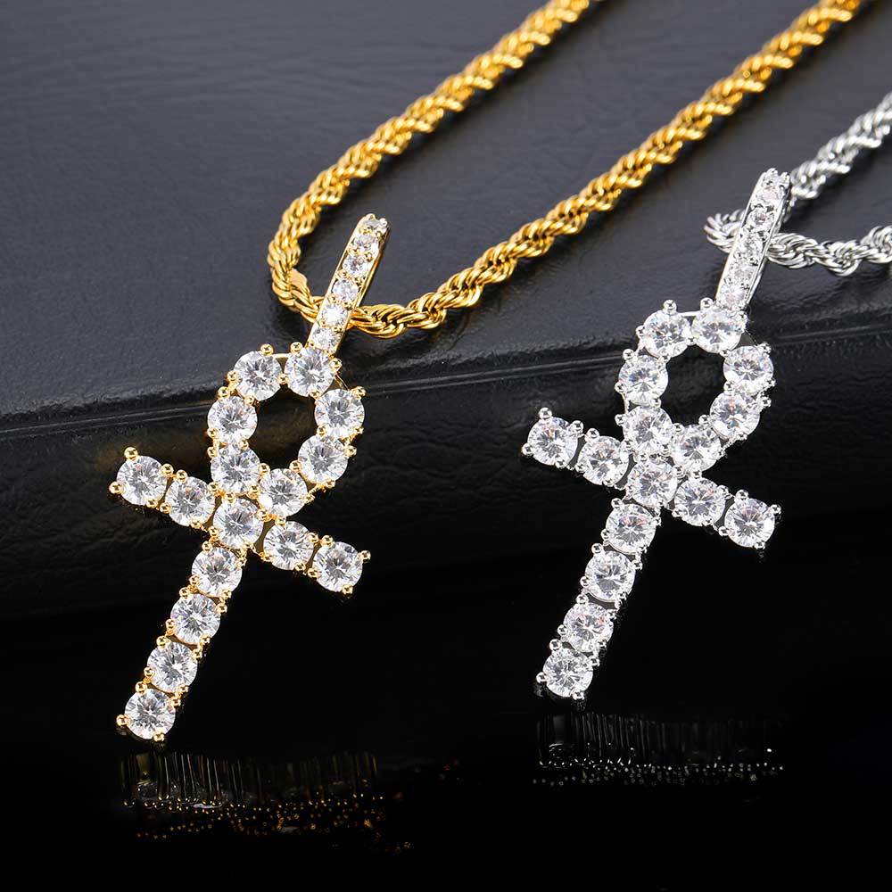 Gold Cross Necklace, 18K Gold Plated Copper Inlaid with Zirconia Ankh Key Men's Hip Hop Pendant