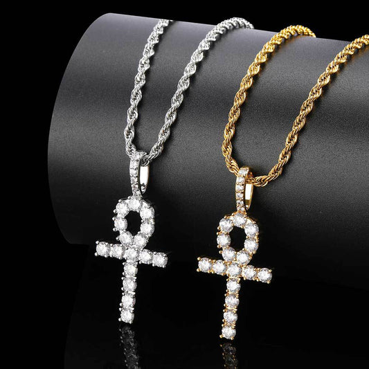 Gold Cross Necklace, 18K Gold Plated Copper Inlaid with Zirconia Ankh Key Men's Hip Hop Pendant