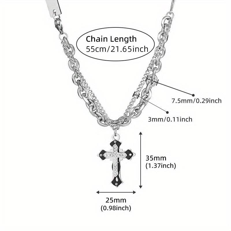 Men's Cross Necklace, Stainless Steel Hip Hop Stackable Double Layer Pendant